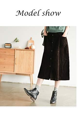 Minibee Women's Corduroy Midi Skirt Front Split Buttons Decoration A-Line Dress Dark Coffee XL - Image 3