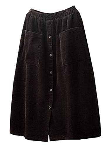 Minibee Women's Corduroy Midi Skirt Front Split Buttons Decoration A-Line Dress Dark Coffee XL - Image 1