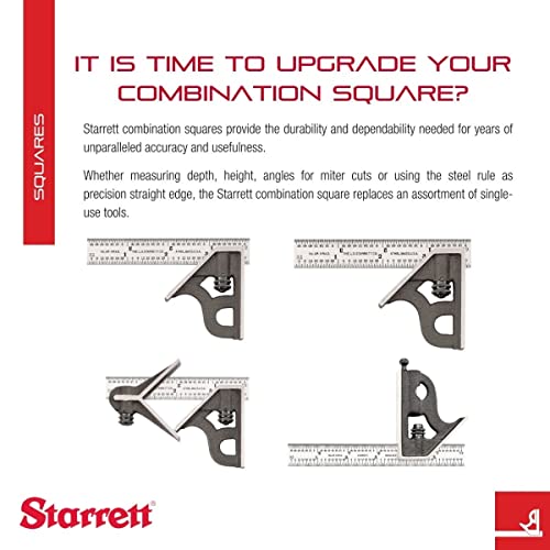 Starrett Steel Combination Square with Square Head - 12" Blade Length, Cast Iron Head, Hardened Steel, Reversible Lock Bolt, Scriber, 4R Graduation Type - C11H-12-4R - Image 3