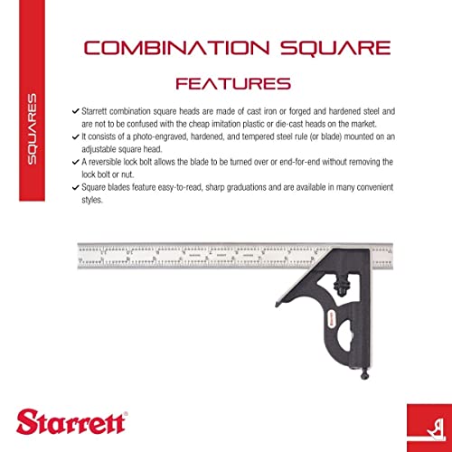 Starrett Steel Combination Square with Square Head - 12" Blade Length, Cast Iron Head, Hardened Steel, Reversible Lock Bolt, Scriber, 4R Graduation Type - C11H-12-4R - Image 2