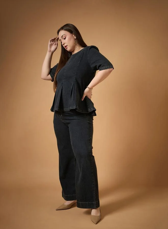 SASSAFRAS Plus Size Washed Denim Peplum Top and Straight Pants Set by Styli