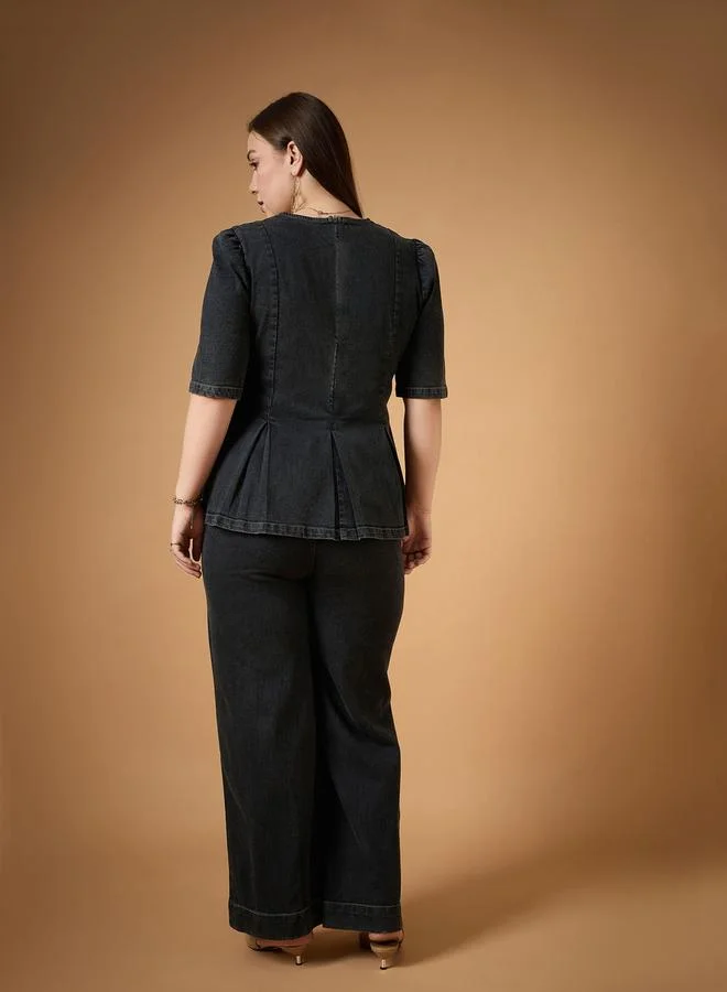SASSAFRAS Plus Size Washed Denim Peplum Top and Straight Pants Set by Styli