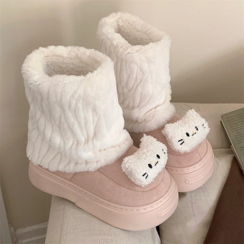 Vintage Women's Cute Kitten Snow Boots – Warm Suede Winter Footwear - Image 1