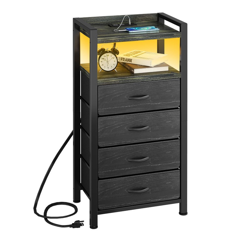 Kitstorack Night Stand with Charger Station and LED Light Black Nightstand with Drawers Bedside Table Tall Nightstand 4 Fabric Drawers