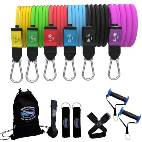 Bodylastics PRO Series Resistance Band Set - 6 Bands, Handles, Ankle Straps, Door Anchor, Carry Bag Heavy-Duty Stretch Exercise Bands-Patented Clips and Snap Reduction Tech (280 LBS Max Tension) - Image 1