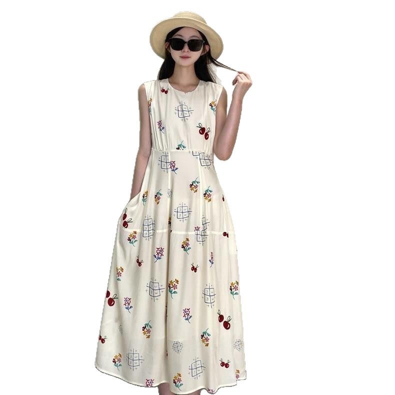 Elegant Cherry Print Sleeveless A-Line Dress - Image 1