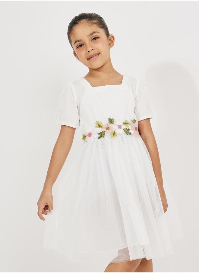 Styli Square Neck Mesh Insert Dress with Floral Belt  - Image 2