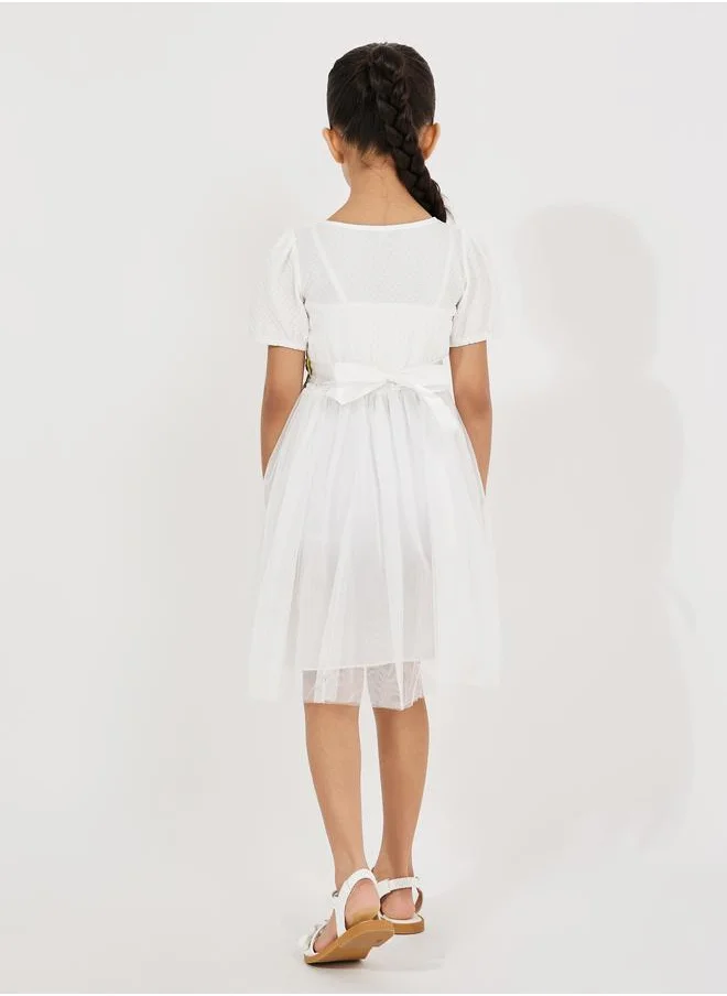 Styli Square Neck Mesh Insert Dress with Floral Belt