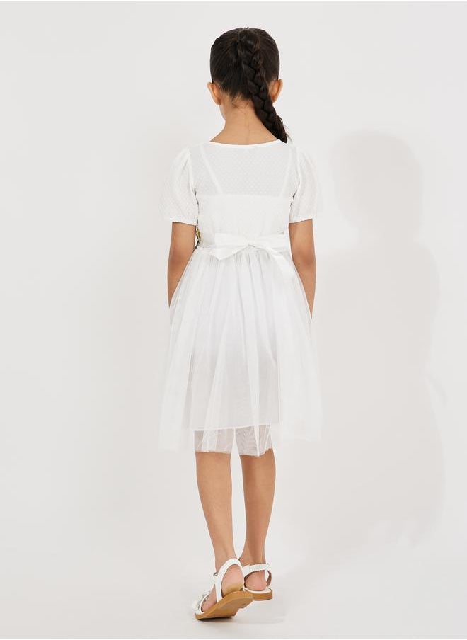 Styli Square Neck Mesh Insert Dress with Floral Belt  - Image 4