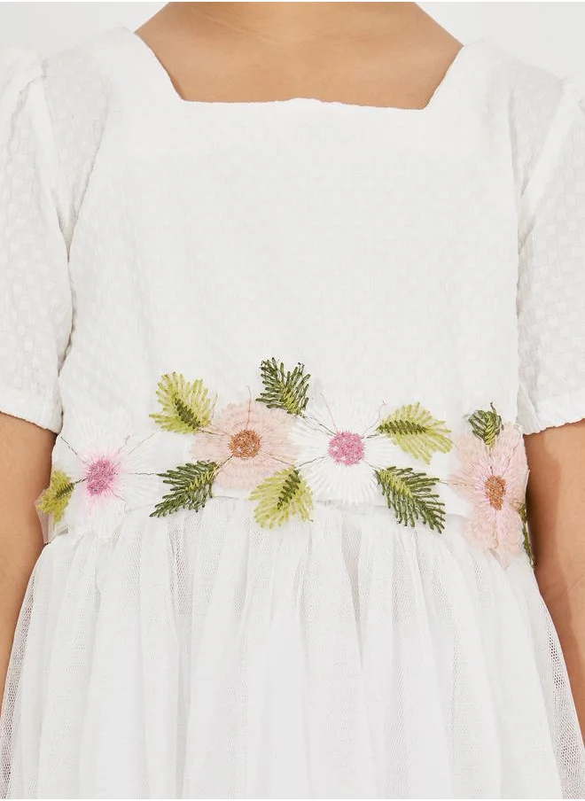 Styli Square Neck Mesh Insert Dress with Floral Belt