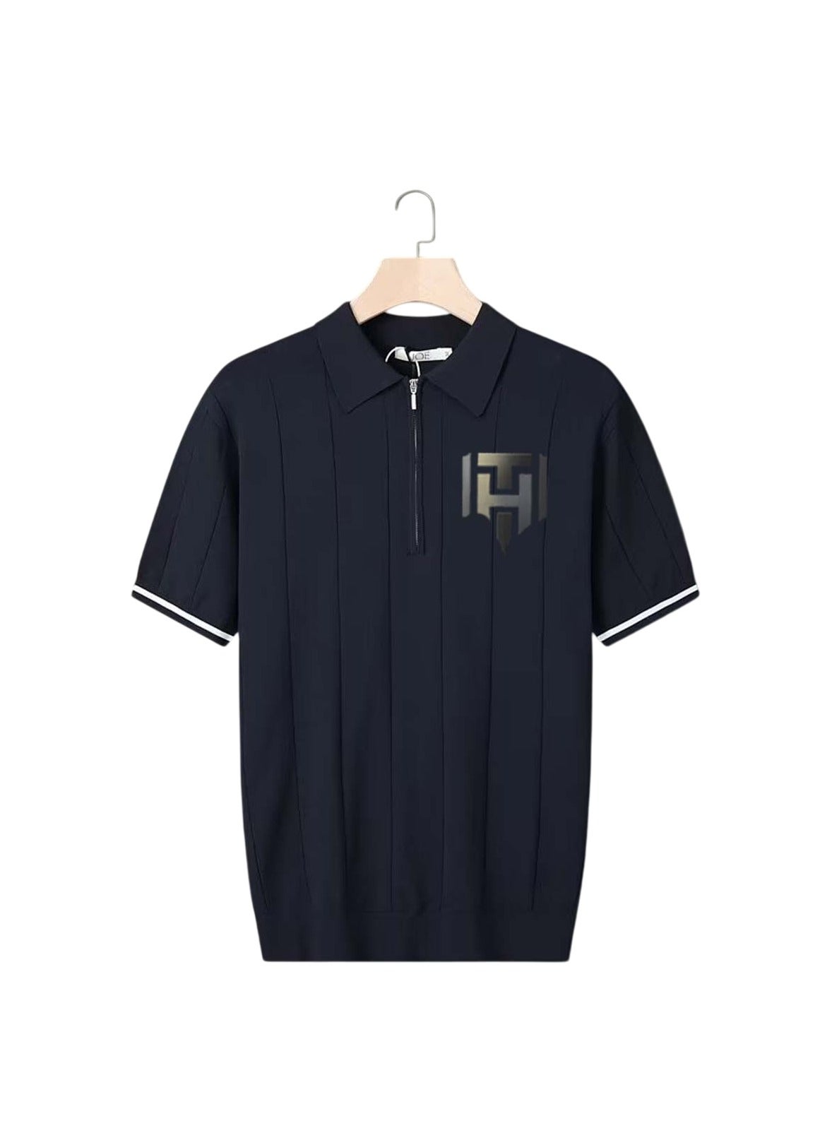 Huitich Men's Summer Polo Shirt – Navy Blue, Half-Zip, Short Sleeve, Ribbed Texture Size XL