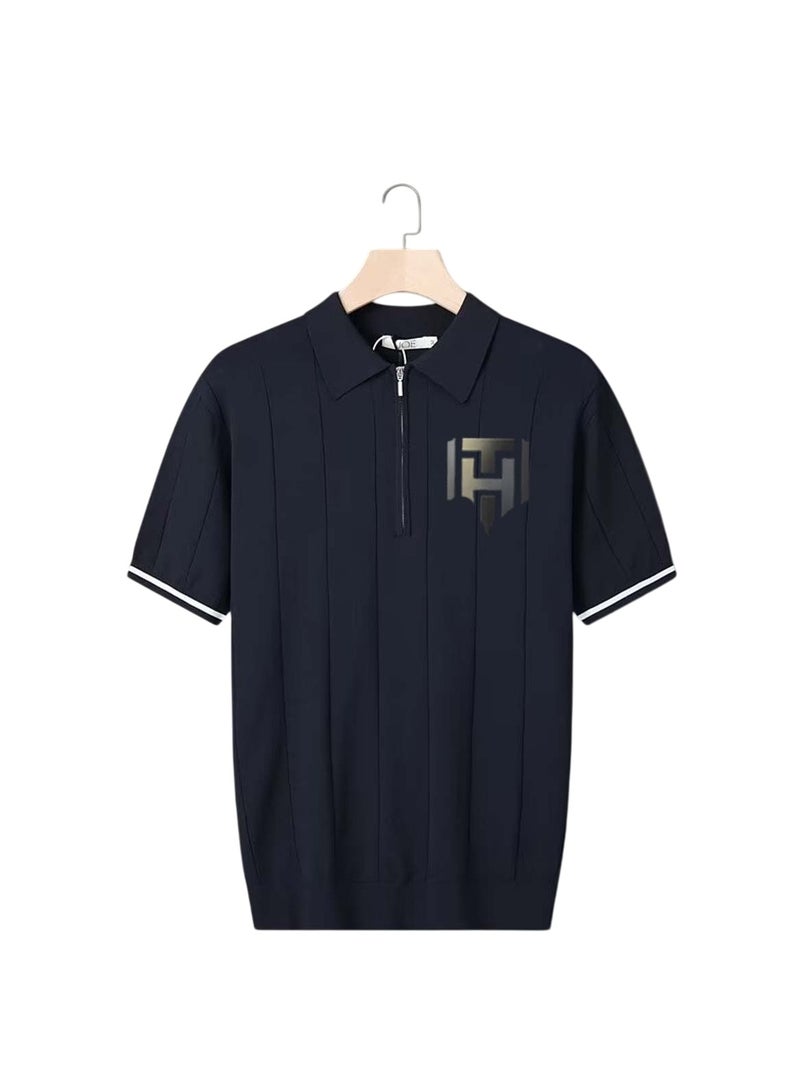 Huitich Men's Summer Polo Shirt – Navy Blue, Half-Zip, Short Sleeve, Ribbed Texture Size XL - Image 1