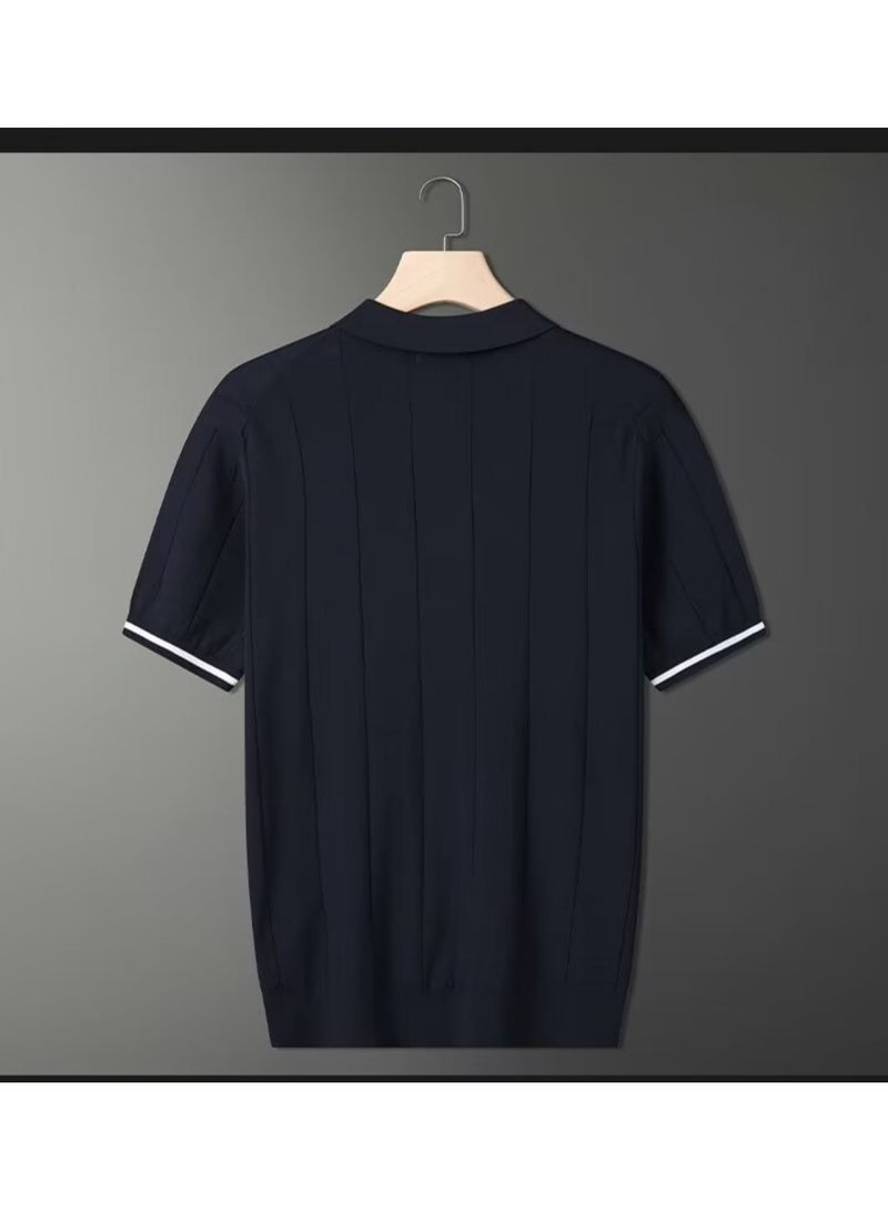 Huitich Men's Summer Polo Shirt – Navy Blue, Half-Zip, Short Sleeve, Ribbed Texture Size XL - Image 4