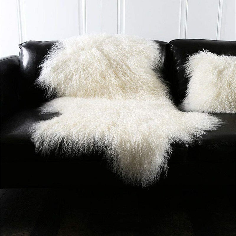Genuine Tibetan Mongolian Sheepskin Fur Rug Hide Pelt Throw Rug Lamb Wool Carpet Fur Used for Area Rug or Across ArmchairIvory White