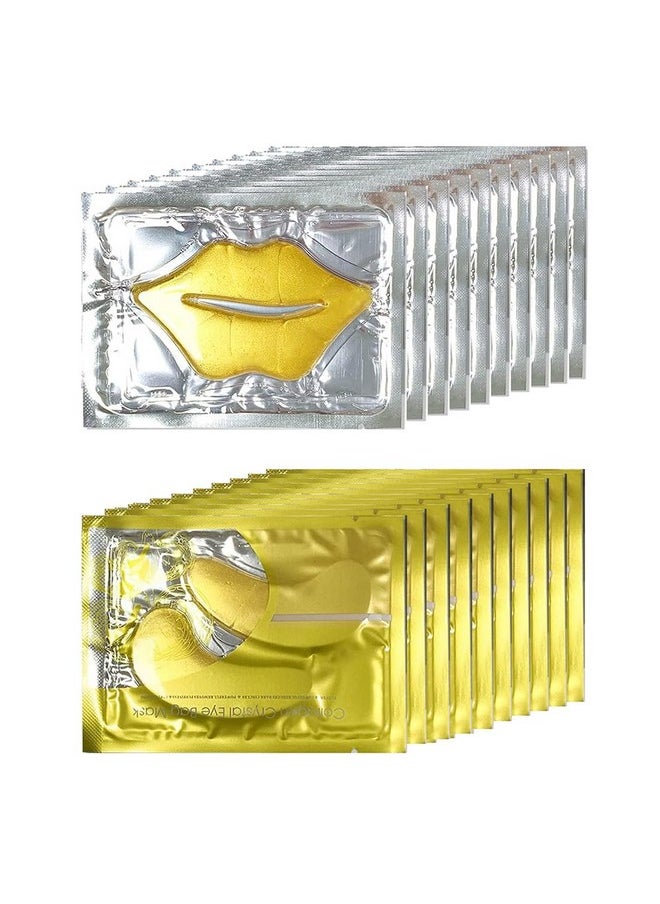 KlsyChry 24K Gold Gel Crystal Collagen Eye And Lip Mask Set 10 Pairs Gold Eye Mask & 10 Pcs Gold Lip Mask For Moisturizing Anti Wrinkle Antiaging Hydrating Lip Patches And Under Eye Gel Pads  - Image 1
