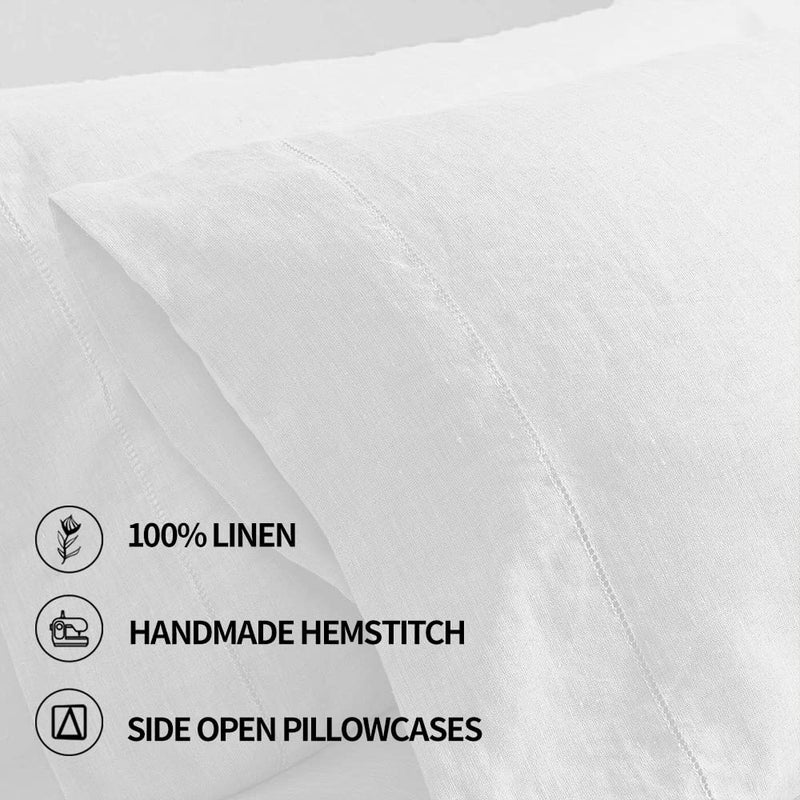 Simple&Opulence 100% Linen Pillowcase with Hand Drawing Hemstitch Pillow Cover Queen(Standard) Size (20''x30'')  Set of 2  Soft and Durable  White - Image 3