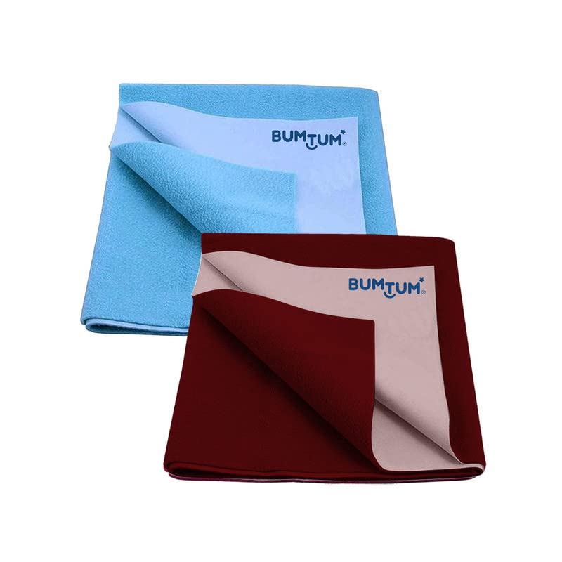 Bumtum Baby Dry Sheet Waterproof Soft Fleece Baby Bed Protector | Anti - Bacterial & Odour Free | Extra Absorbant, Reuseable & Washable (Aqua Blue + Maroon Combo, Small Size, 50 * 70cm, Pack of 2) - Image 1