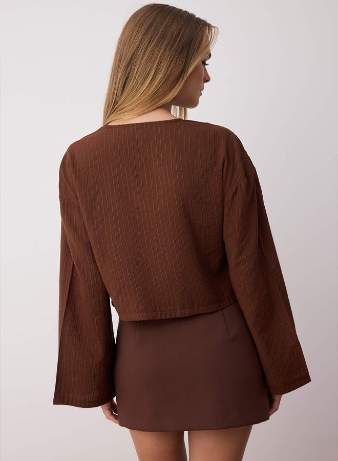trendyol Brown Lacing Detailed Striped Shirt - Image 4
