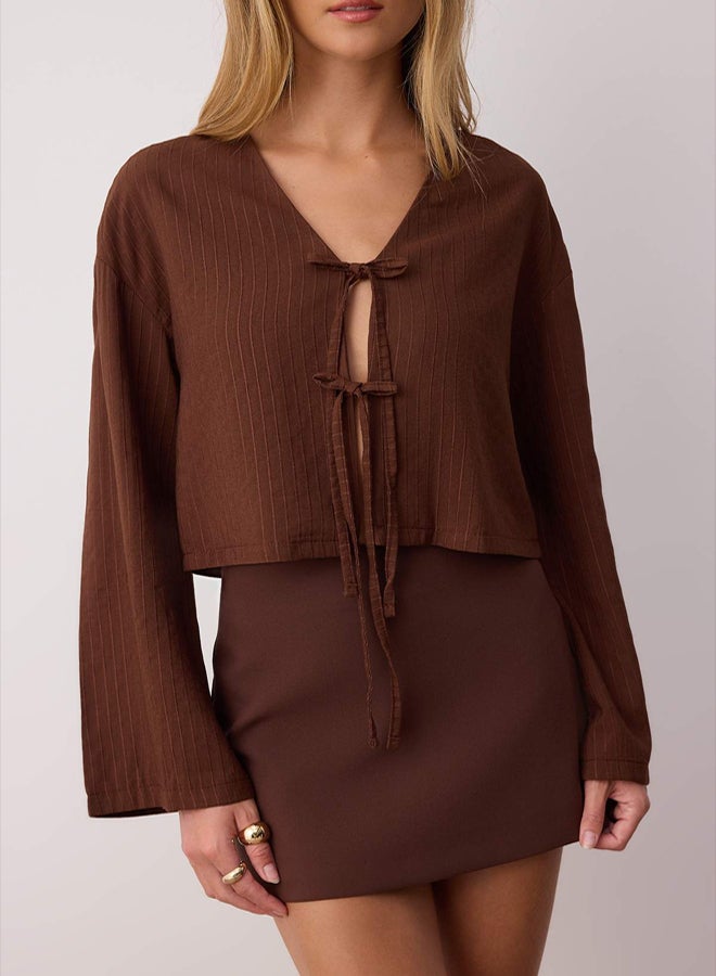 trendyol Brown Lacing Detailed Striped Shirt - Image 3