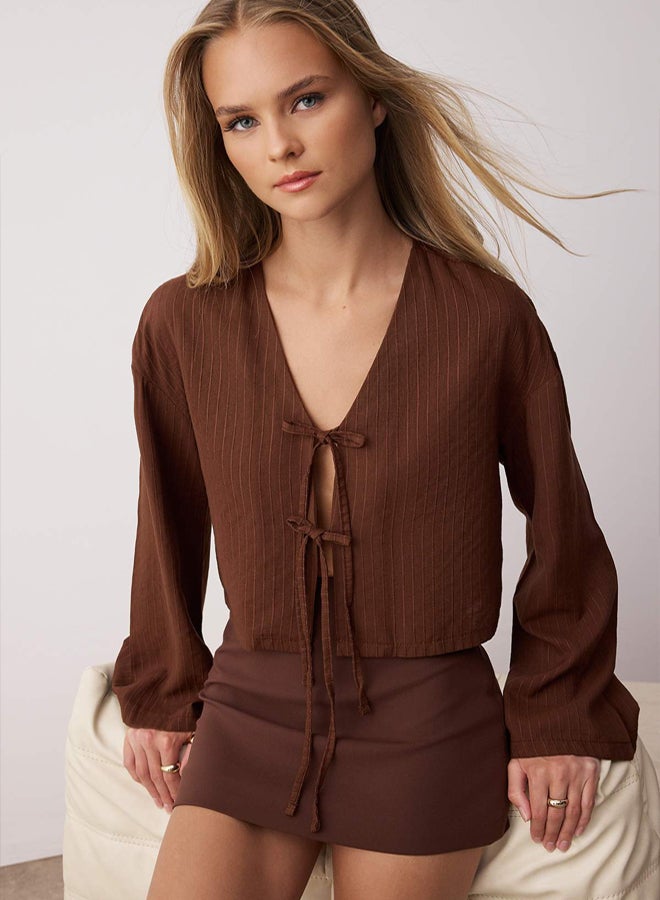 trendyol Brown Lacing Detailed Striped Shirt - Image 1