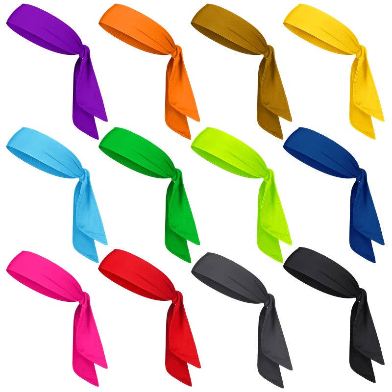 Civaner 12 Pack Bright Color Tie Headbands Bulk for Men Women Sports Athletic Tennis Head Band Ninja Karate Headbands Adjustable Elastic Bandana Sweatbands Hair Wrap Bands for Basketball Running Workout - Image 1