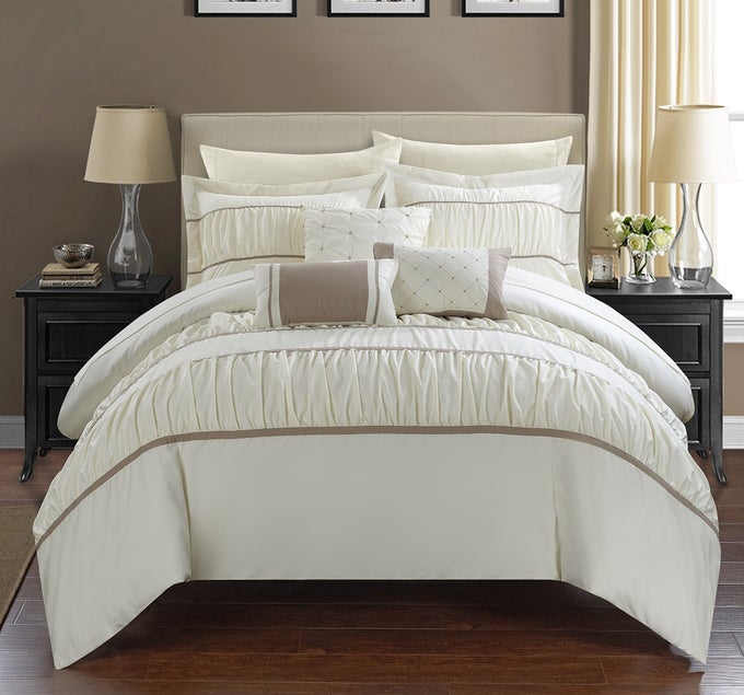 CHERYL COMFORTER COMPLETE BED SET BEIGE KING 10 PIECE