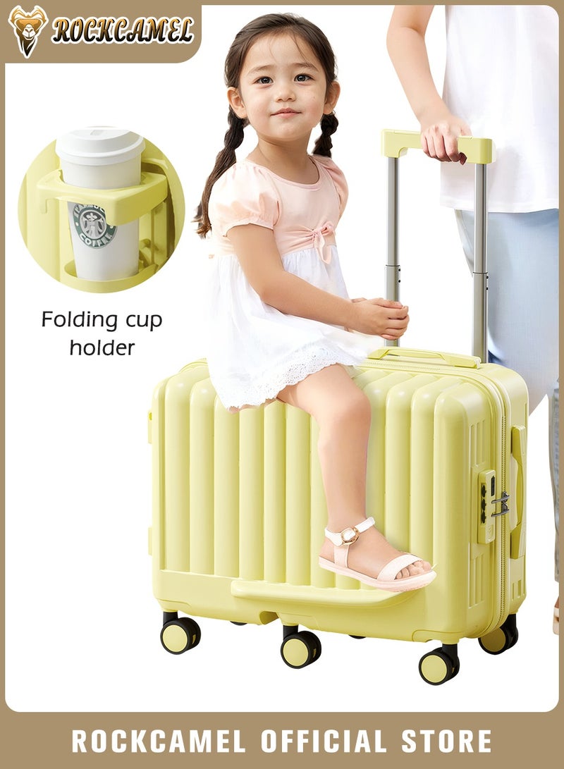 ROCKCAMEL Kids Luggage Ride-On Suitcase, 20 Inch ABS Hard Shell Carry-On Case with Cup Holder & Side Hook & Phone Holder, 6*360° Silent Wheels, Build-in Password Lock,  Fun Trunk Case for Air Travel(Yellow) - Image 1