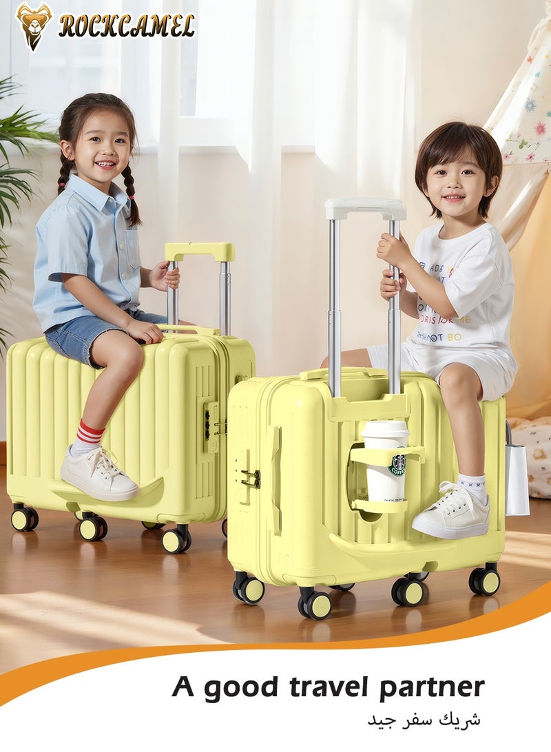 ROCKCAMEL Kids Luggage Ride-On Suitcase, 20 Inch ABS Hard Shell Carry-On Case with Cup Holder & Side Hook & Phone Holder, 6*360° Silent Wheels, Build-in Password Lock,  Fun Trunk Case for Air Travel(Yellow) - Image 4