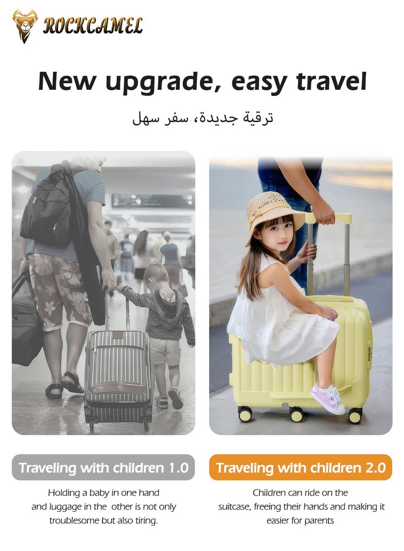 ROCKCAMEL Kids Luggage Ride-On Suitcase, 20 Inch ABS Hard Shell Carry-On Case with Cup Holder & Side Hook & Phone Holder, 6*360° Silent Wheels, Build-in Password Lock,  Fun Trunk Case for Air Travel(Yellow) - Image 2