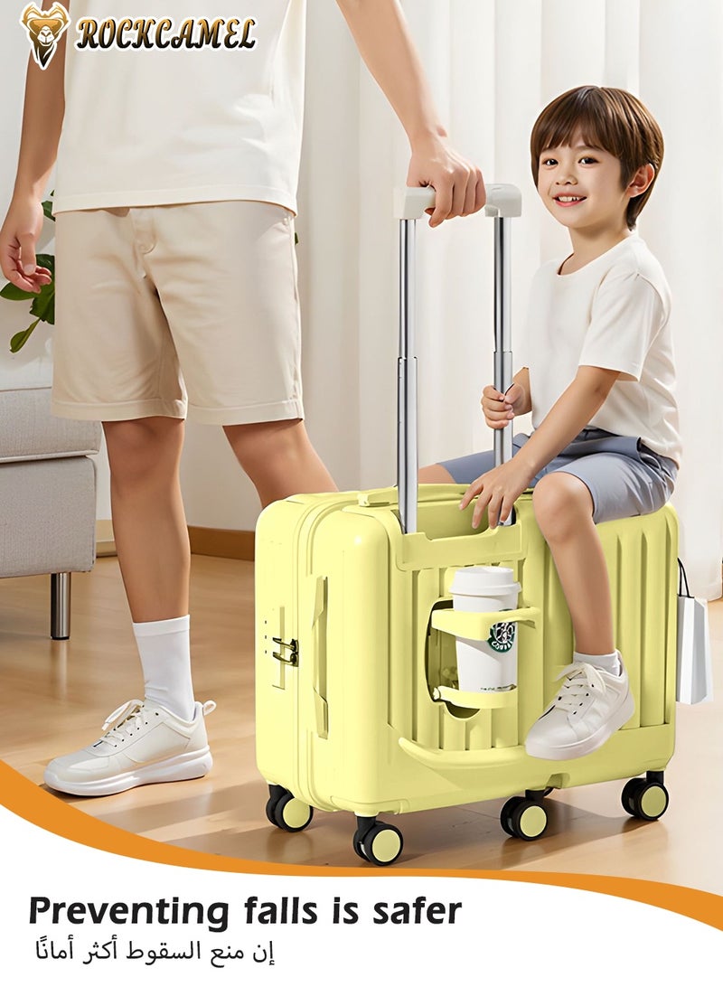 ROCKCAMEL Kids Luggage Ride-On Suitcase, 20 Inch ABS Hard Shell Carry-On Case with Cup Holder & Side Hook & Phone Holder, 6*360° Silent Wheels, Build-in Password Lock,  Fun Trunk Case for Air Travel(Yellow) - Image 3