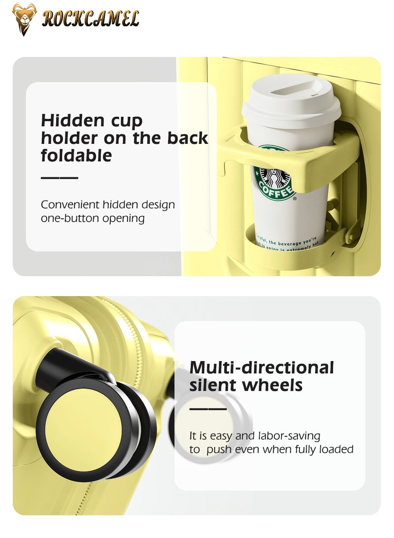 ROCKCAMEL Kids Luggage Ride-On Suitcase, 20 Inch ABS Hard Shell Carry-On Case with Cup Holder & Side Hook & Phone Holder, 6*360° Silent Wheels, Build-in Password Lock,  Fun Trunk Case for Air Travel(Yellow) - Image 5