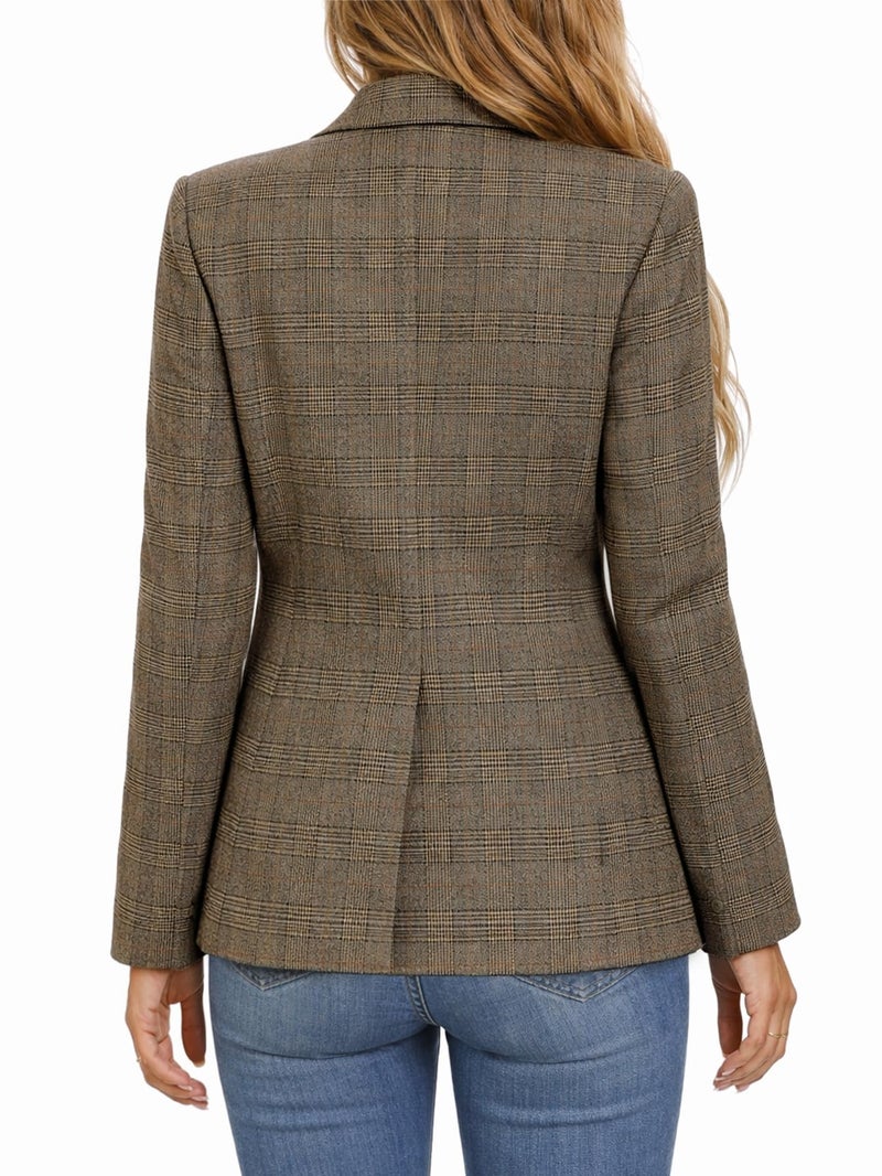 Mina Self Plaid Blazer Jacket for Women 2026 Fall Winter Khaki Houndstooth Tweed Business Casual Outfits Work Trendy Professional Fitted Womens Coat Women's Blazers & Suit Jackets XZ122 P/Khaki M - Image 2