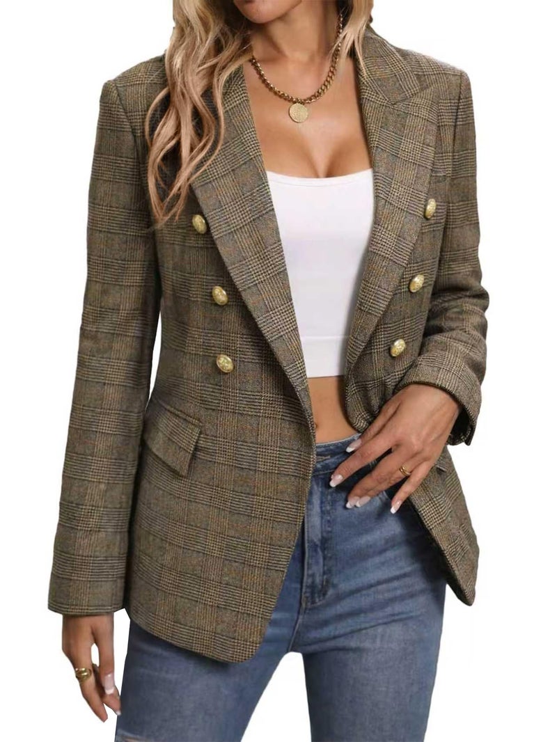 Mina Self Plaid Blazer Jacket for Women 2026 Fall Winter Khaki Houndstooth Tweed Business Casual Outfits Work Trendy Professional Fitted Womens Coat Women's Blazers & Suit Jackets XZ122 P/Khaki M - Image 1