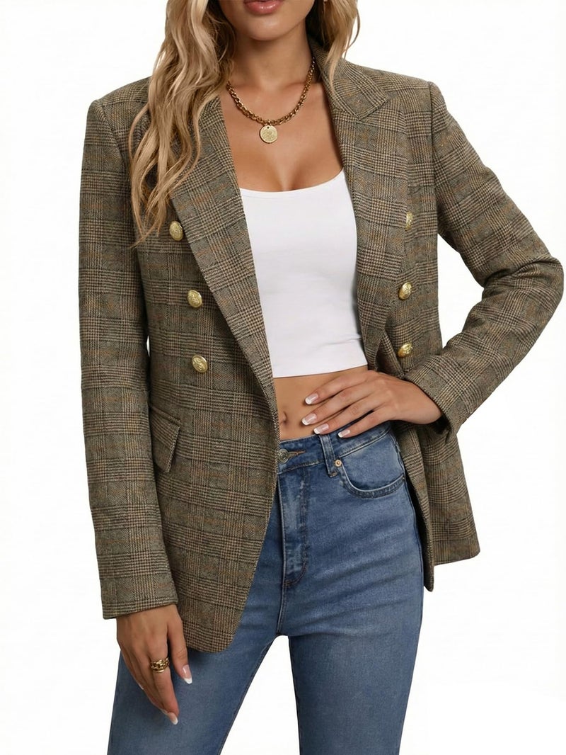 Mina Self Plaid Blazer Jacket for Women 2026 Fall Winter Khaki Houndstooth Tweed Business Casual Outfits Work Trendy Professional Fitted Womens Coat Women's Blazers & Suit Jackets XZ122 P/Khaki M - Image 4