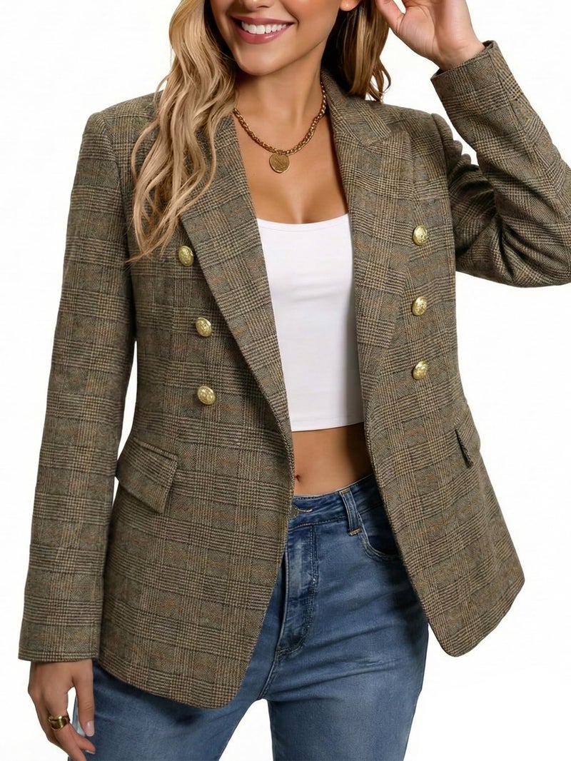 Mina Self Plaid Blazer Jacket for Women 2026 Fall Winter Khaki Houndstooth Tweed Business Casual Outfits Work Trendy Professional Fitted Womens Coat Women's Blazers & Suit Jackets XZ122 P/Khaki M - Image 5