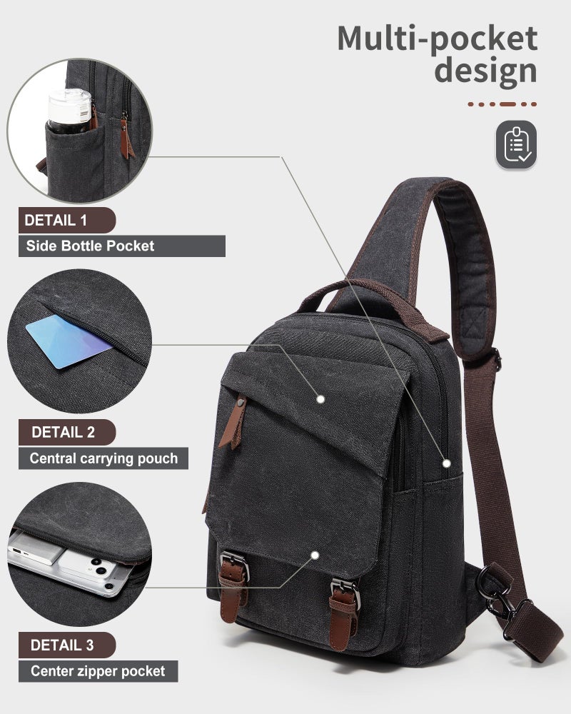 WEPLAN sling bag,canvas messenger bag for men,crossbody bag for women,Black - Image 2