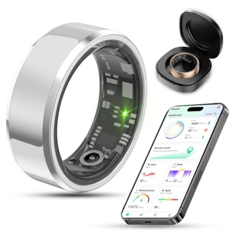 Smart ring for fitness tracking and sleep monitoring, titanium alloy, silver, IP68 waterproof with 7-day battery life and air shutter control - Image 1