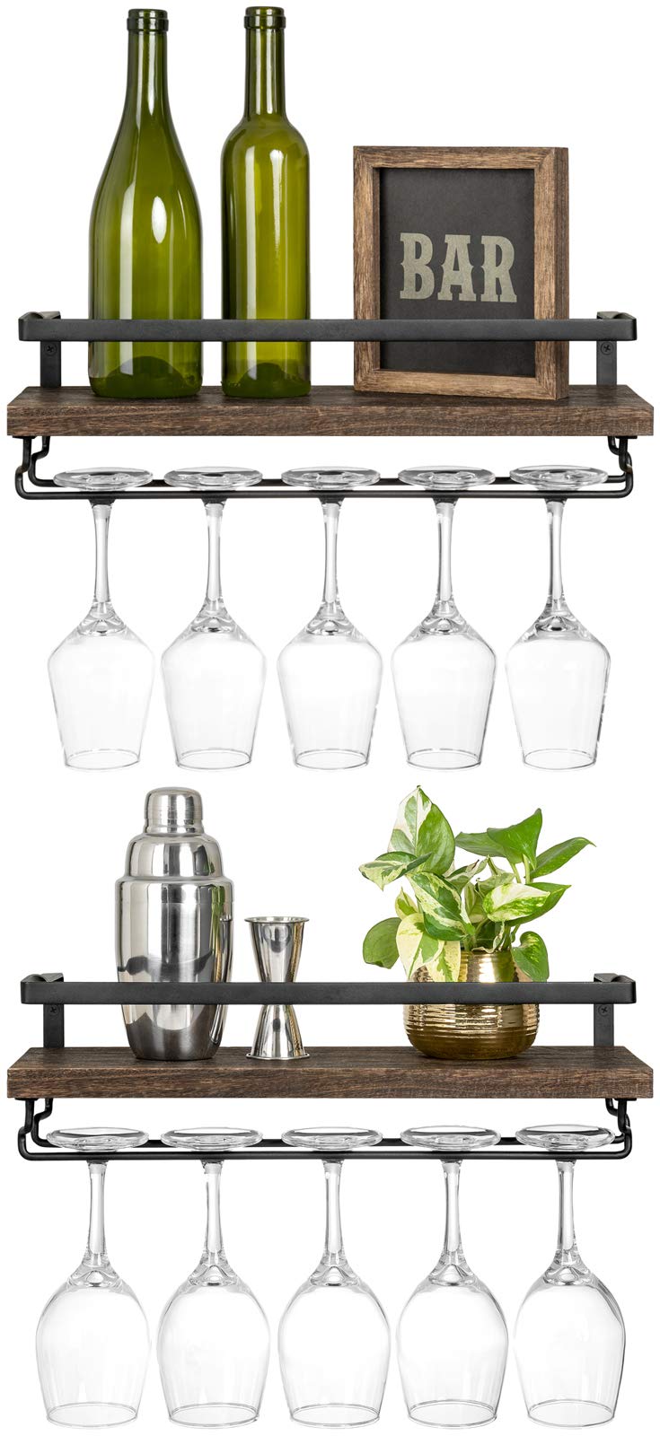 Mkono Wall Mounted Wine Rack Set of 2 Wood Rustic Wine Bottle Glass Floating Shelves with Stemware Hanger Modern Plants Photos Wine Display Storage Holder for Kitchen Dining Room Bar 17 Inch