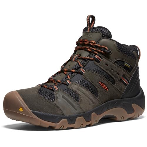 KEEN Men's Headout Mid Height Waterproof All Terrain Hiking Boots, Black Olive/Fossil Orange, 7 - Image 1