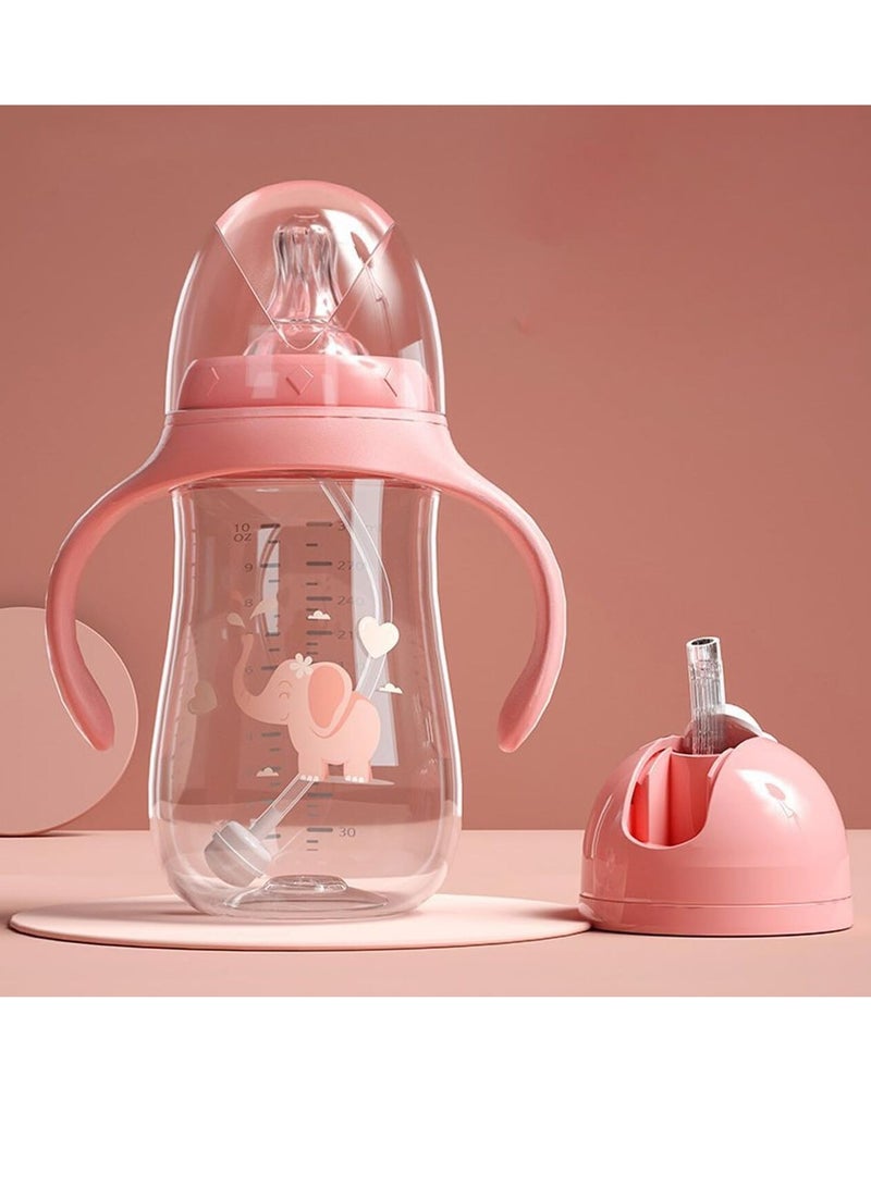 DIOTTI Baby bottles Drinking Cup,Sippy Cups for 6+ Months Baby, Baby Cup 300ml Weighted Straw& Easy-Grip Handles Multifunctional Drinking Milk Drinking Water Dual-use Bottle BPA Free (Pink) - Image 1
