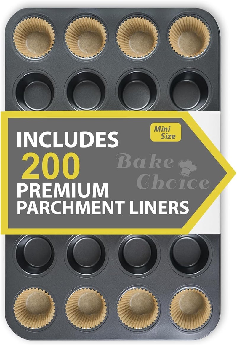 Bake Choice Mini Muffin Pan includes 200 Natural Cupcake Liners, Mini Cupcake Pans Nonstick 24 Cup, Muffin Tin, Carbon Steel Baking Supplies - Image 1