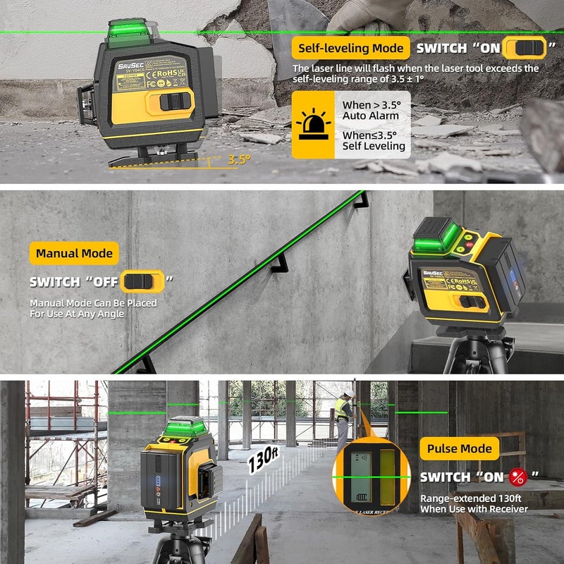 Tomahawk SAVSEC® HPE-6066 مستوى ليزر أخضر 16 خط - 4x360° 4D مستوى ليزر احترافي ذاتي التسوية للبناء مع وضع نبض مستوى ليزر عمودي/أفقي 360° - Image 3