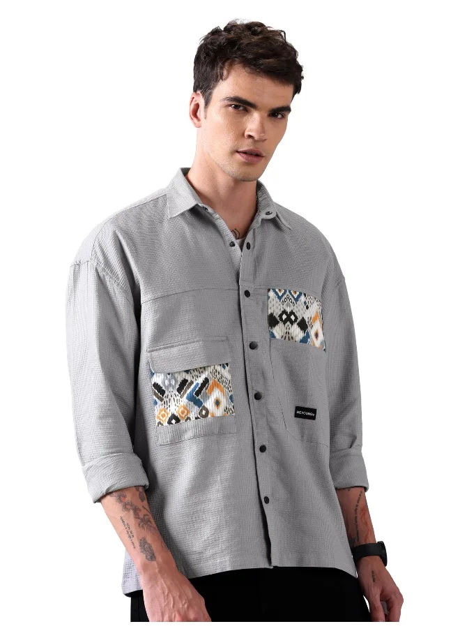 Beyoung Light Grey Waffle Casual Shirt for Men