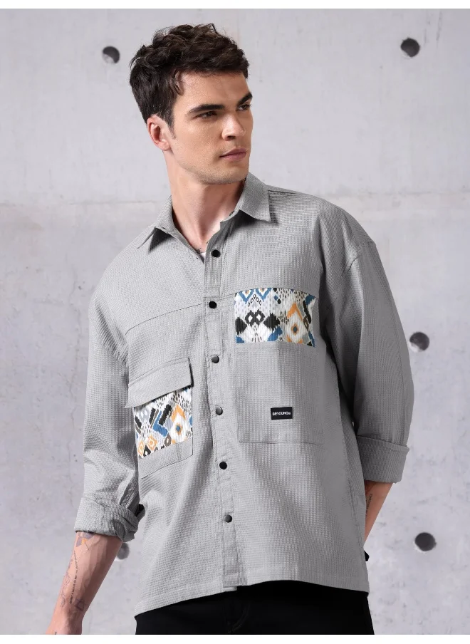 Beyoung Light Grey Waffle Casual Shirt for Men