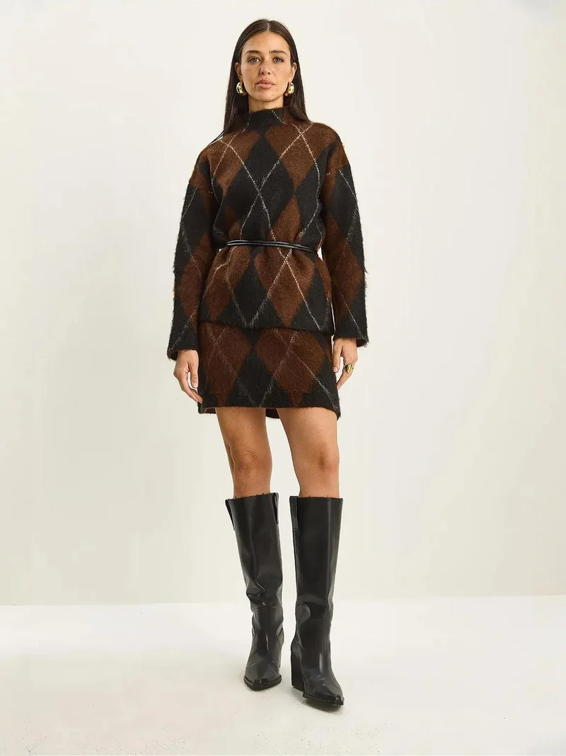 Bianco Lucci LUCCI Plaid Knitwear Two-Piece Set