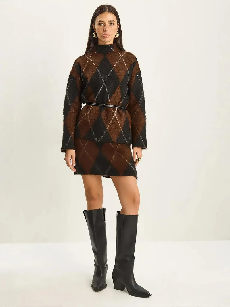 Bianco Lucci LUCCI Plaid Knitwear Two-Piece Set