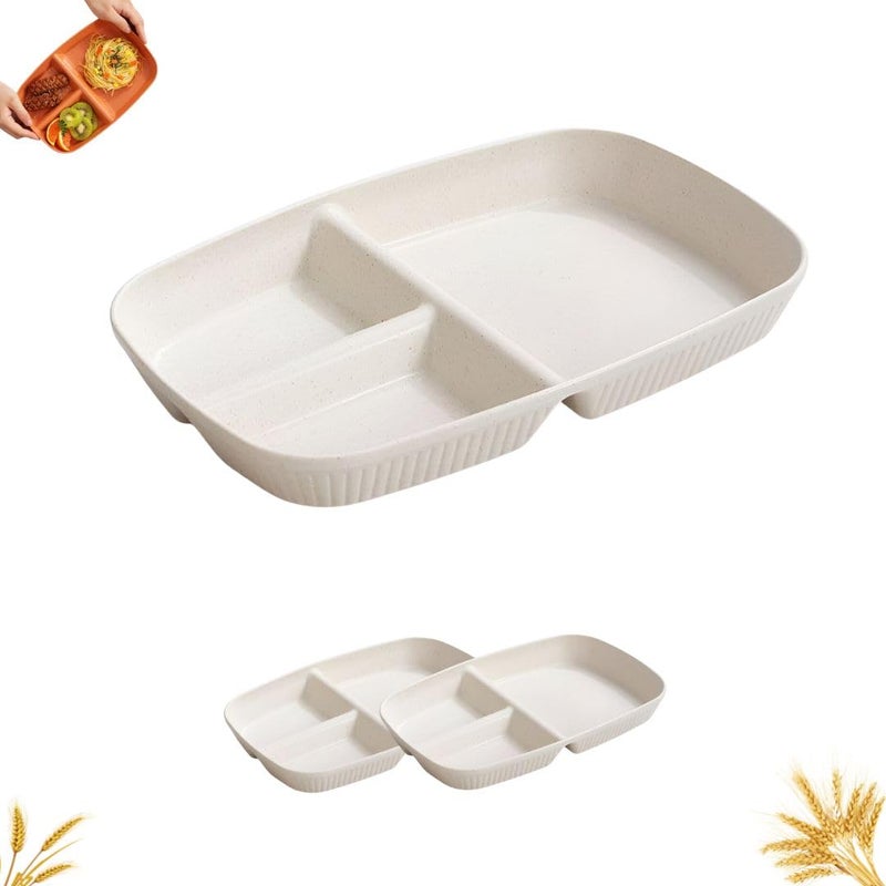 FLOXIT EcoFriendly 3Section Snack Plates Divided Wheat Straw Trays MicrowaveSafe Serving Dishes for Hot Cold Foods Set of 2 Beige - Image 1