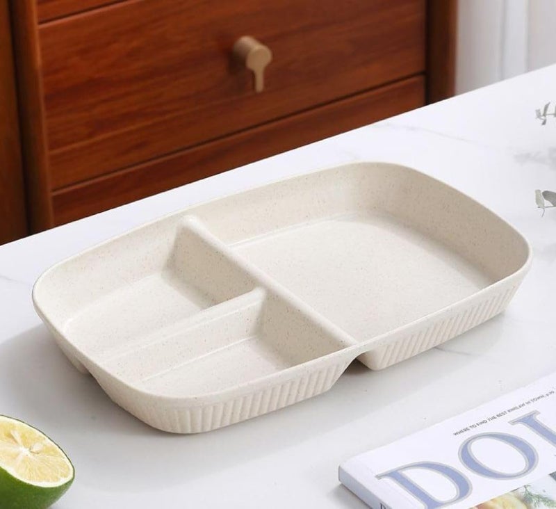 FLOXIT EcoFriendly 3Section Snack Plates Divided Wheat Straw Trays MicrowaveSafe Serving Dishes for Hot Cold Foods Set of 2 Beige - Image 3