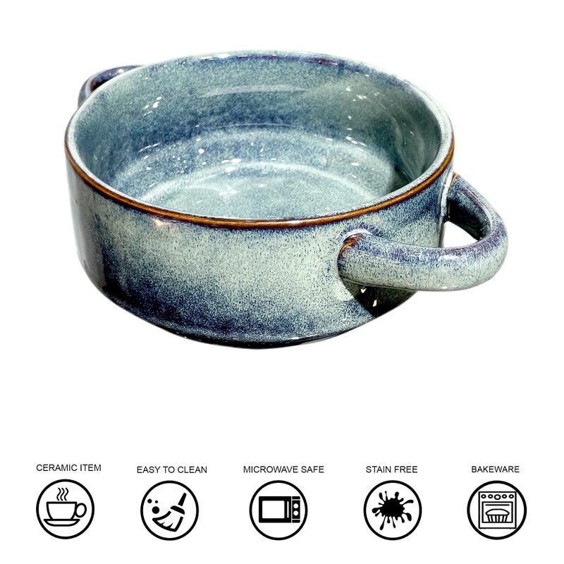 Lemon Tree Ceramic Stoneware Double Handle Small Serving Bowl | Bowl for Serving Starters and Snacks |Microwave and Dishwasher Safe Bowl (500ML, Set of 1) Green - Image 4