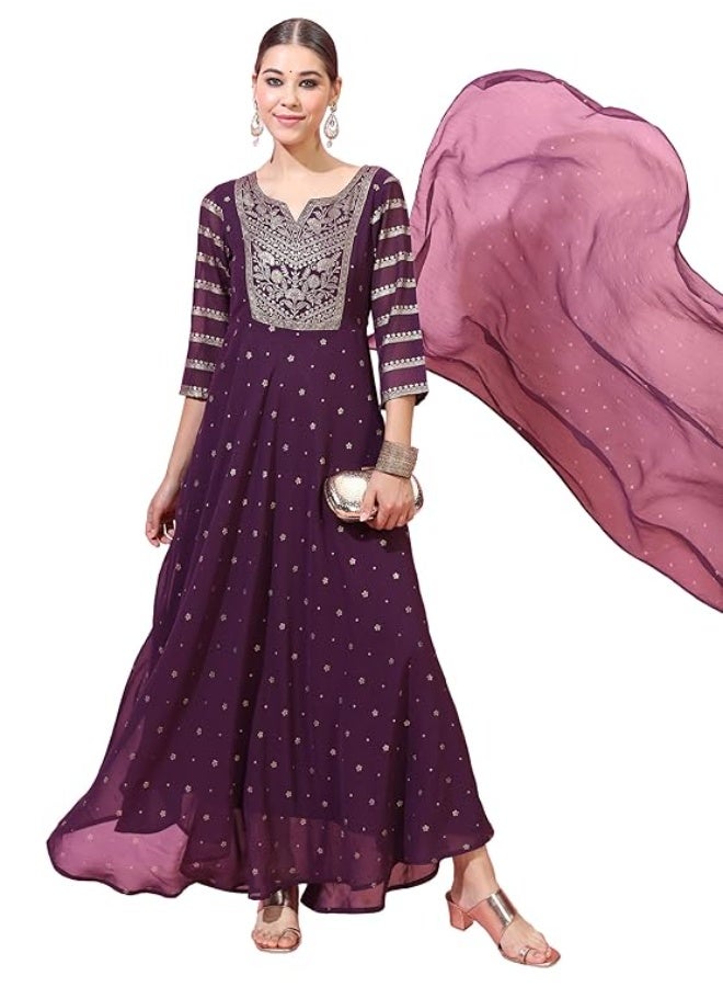 Vishudh Women's  Dress & Dupatta Set | Ready-to-Wear Indian Outfit for Women | Coordinate Fashion for Indian Celebrations Polyester  S PURPLE - Image 1